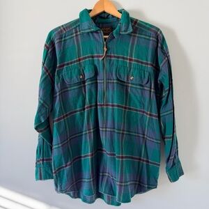 Vintage Eddie Bauer Quarter Zip Green Plaid Flannel Shirt